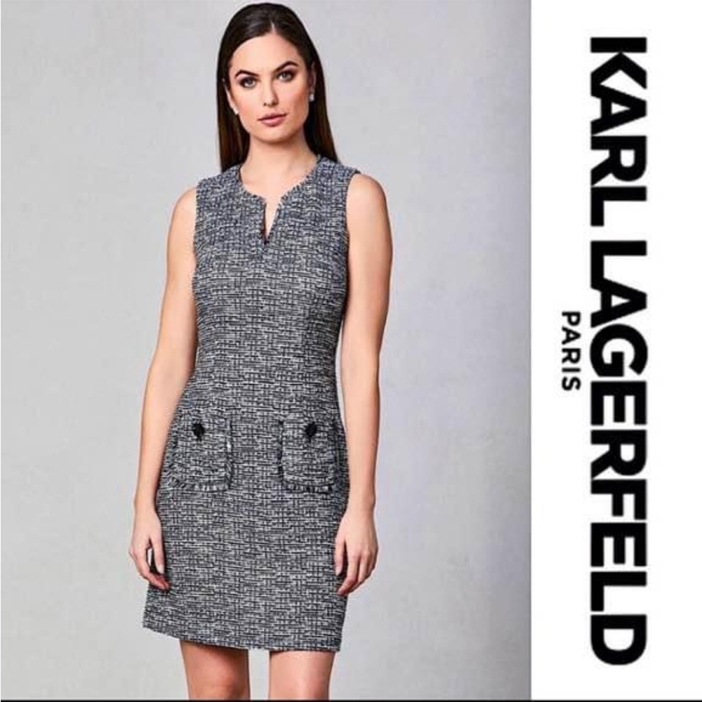 Karl Lagerfeld Paris- grey and black tweed sleeveless sheath dress. (6/8)?